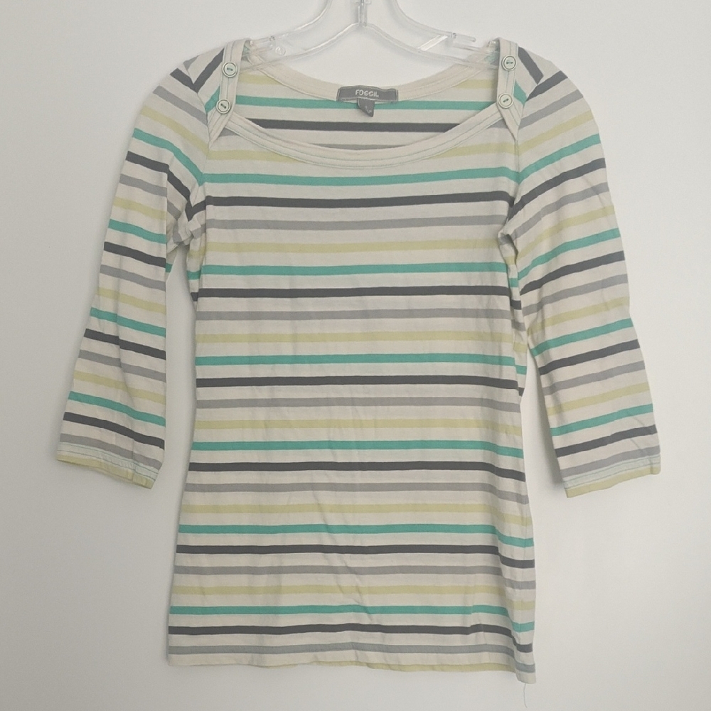 Fossil 100% Cotton Striped Long Sleeve Top - Green, Gray, Cream